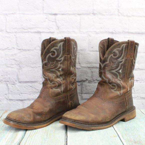 Justin Brown Leather Pull On Round Toe Mid Calf Western Boots Size 11.5 EE - Picture 2 of 9